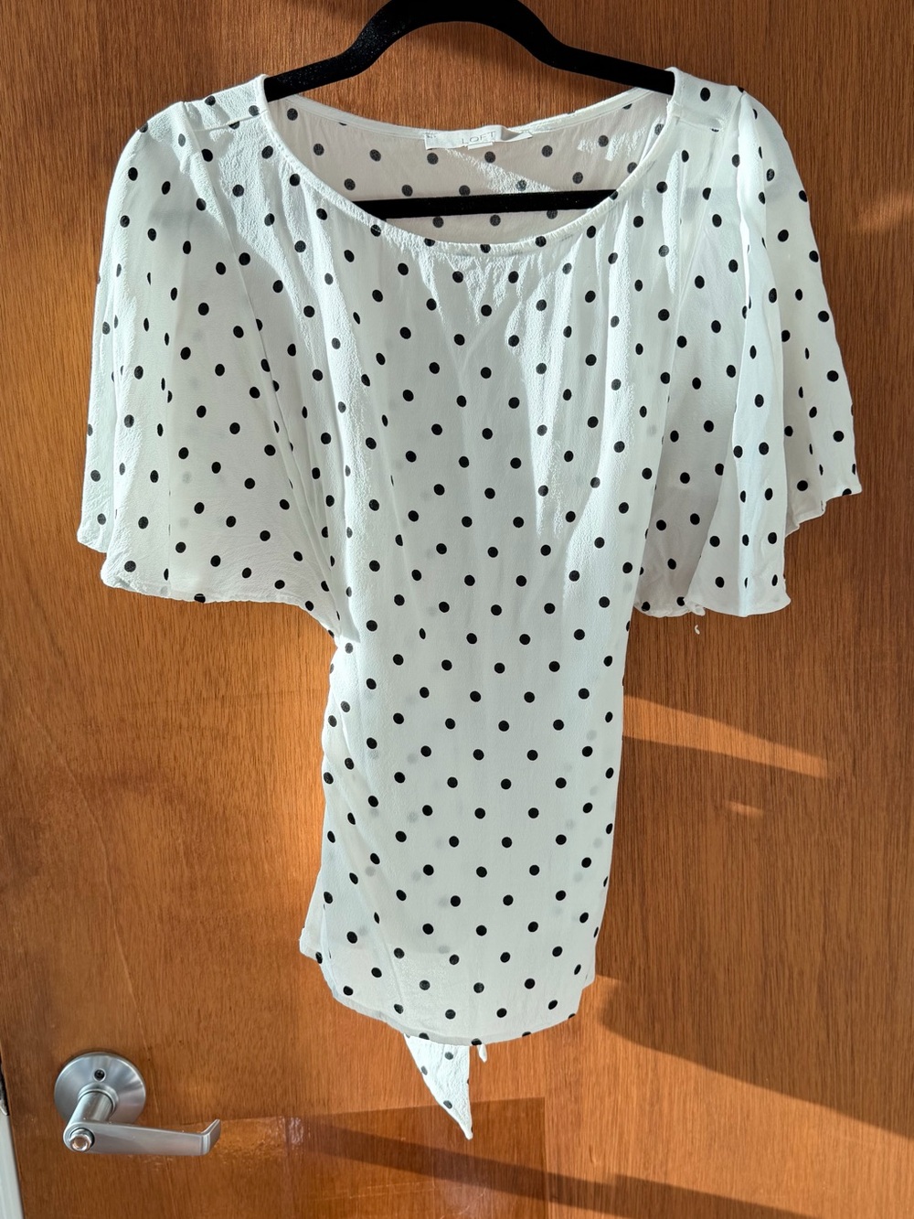 LOFT White Blouse with Black Polka Dots, Flutter Sleeves, and Tie Waist